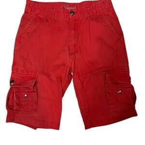 Red cargo shorts with multiple